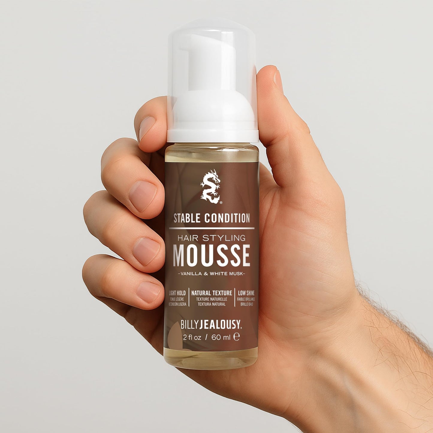 Billy Jealousy Stable Condition Hair Styling Mousse for Men – Light Hold for Body & Lift, Frizz Control – Hydrates with Sea Moss & Kelp, Travel Size, Silicone & Residue-Free, Vegan, Vanilla White Musk