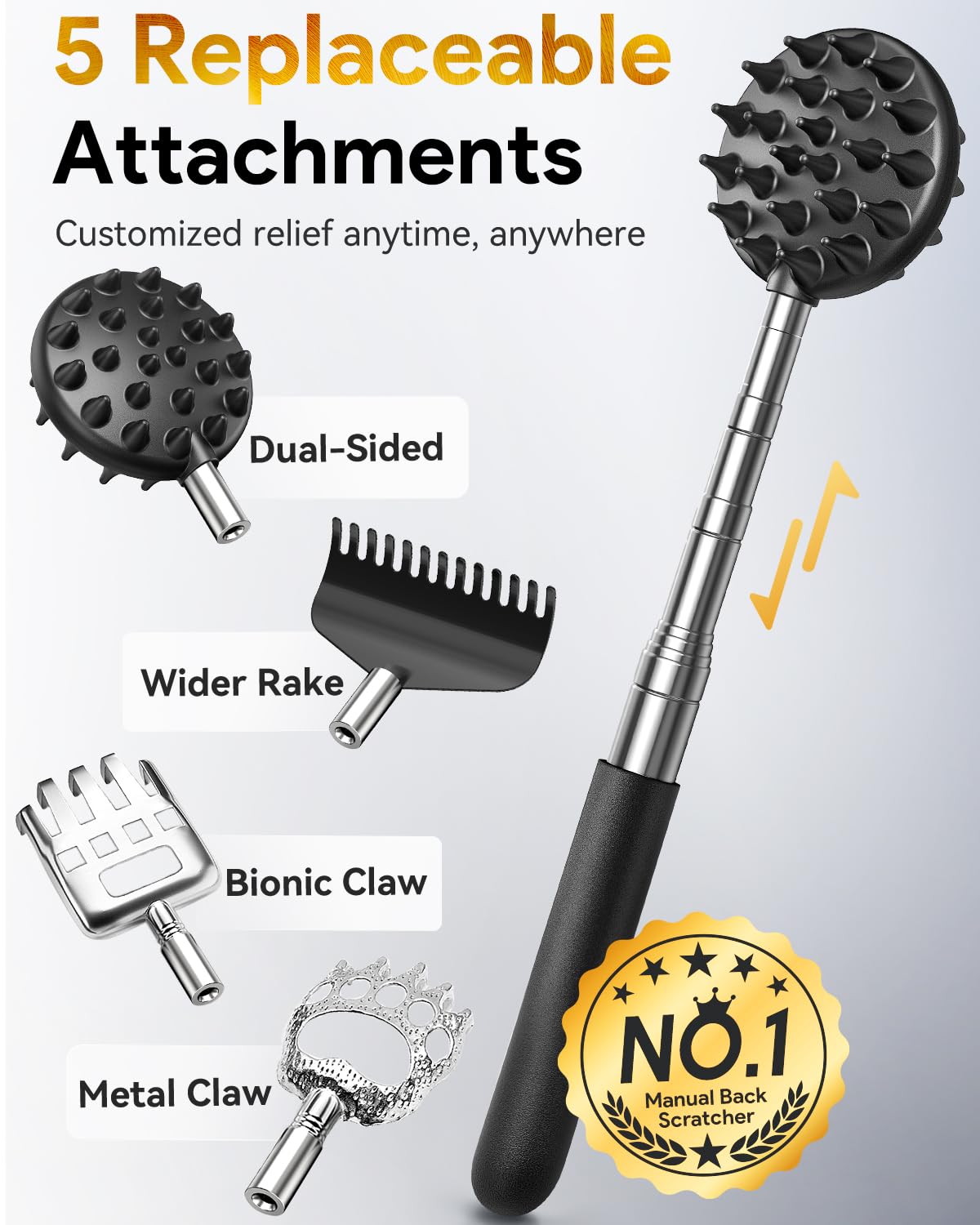 TUKUOS Telescoping Back Scratcher with 5 Detachable Scratching Heads, Rubber Handles, Anniversary Birthday Gifts for Men Women Back Scratcher for Men/Dad/Women/Adults