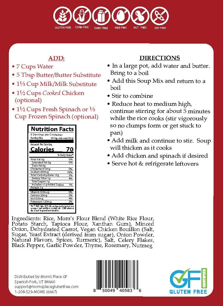 Mom’s Place Gluten-Free Creamy Chicken & Rice Soup Mix, Vegan, Nut, Dairy, Corn & Soy Free, 8 Servings, 6.6 oz