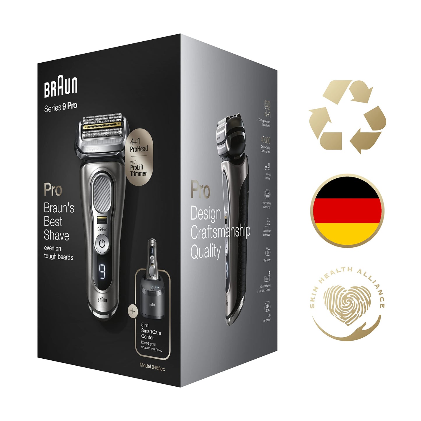 Braun Electric Razor for Men, Series 9 Pro 9465cc Wet & Dry Electric Foil Shaver with ProLift Beard Trimmer, Cleaning & Charging SmartCare Center, Head Shavers for Bald Men, Noble Metal