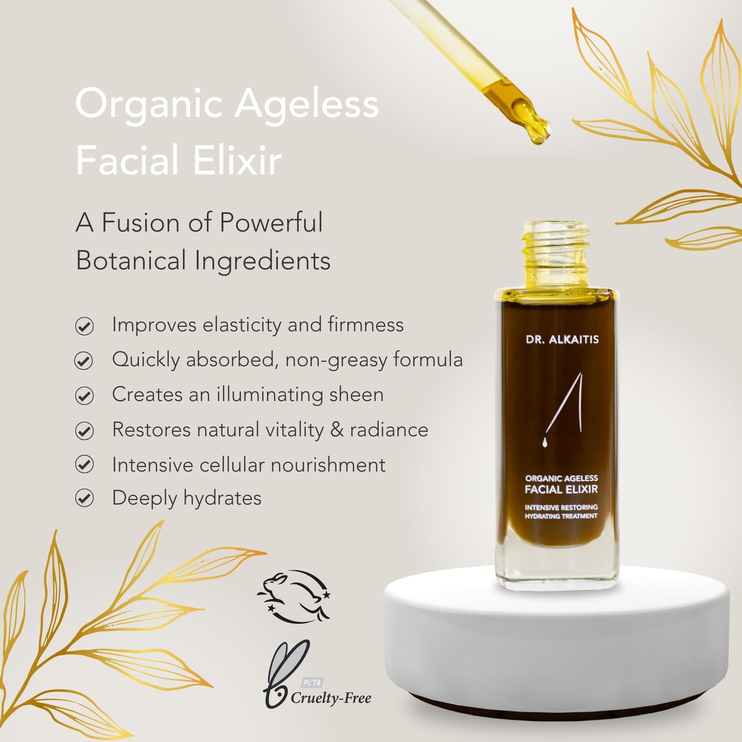 Dr. Alkaitis Organic Ageless Facial Elixir - Moisturizing Serum - Ayurvedic Herbs, Rare Oils, Superfoods - Luxury Cellular Renewal (1 fl oz | 30ml)