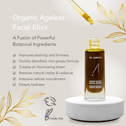 Dr. Alkaitis Organic Ageless Facial Elixir - Moisturizing Serum - Ayurvedic Herbs, Rare Oils, Superfoods - Luxury Cellular Renewal (1 fl oz | 30ml)