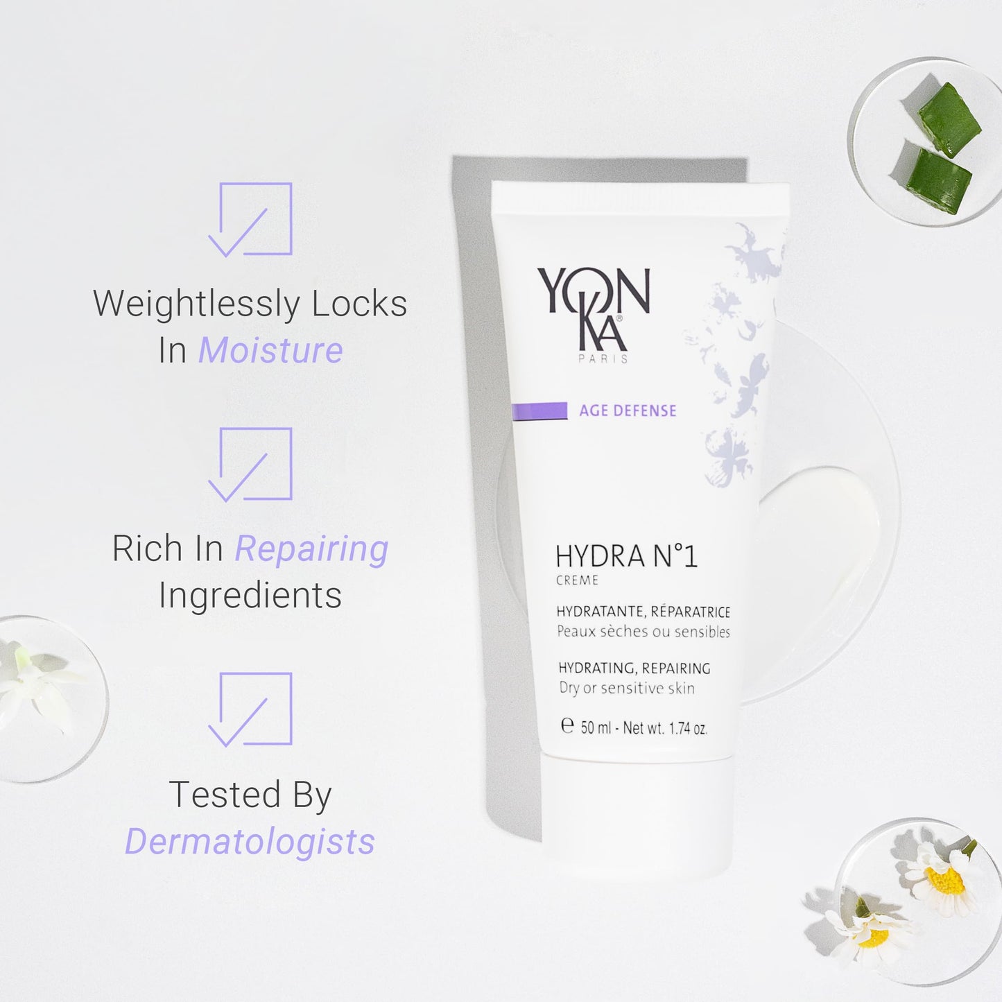 Yonka Daily Reparative Moisturizer, Hydra No. 1 Creme - Rich Anti-Aging Skincare with Hyaluronic Acid, Vitamins A, C & E for Dry Skin, Paraben-Free