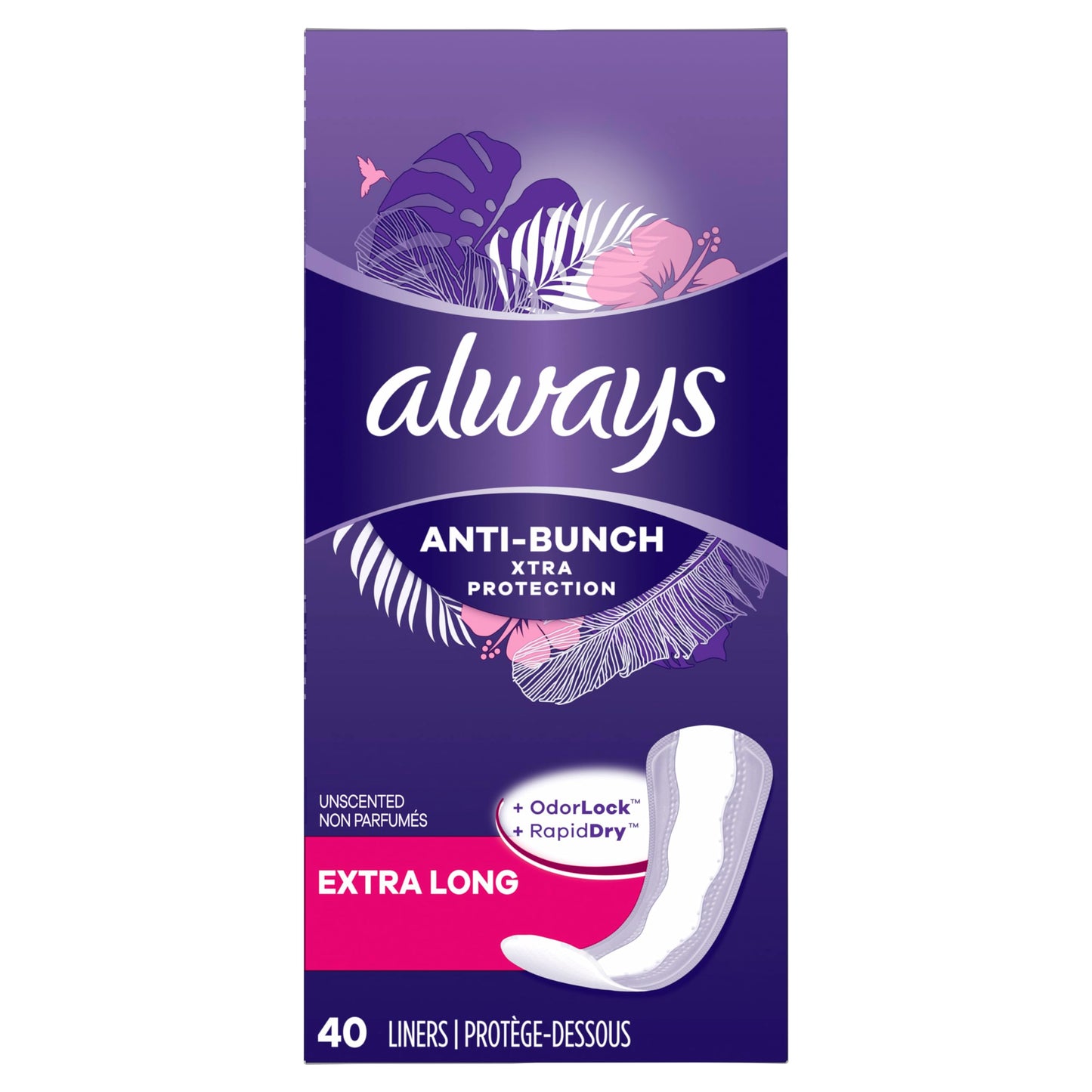 Always Anti-Bunch Xtra Protection Daily Liners Extra Long Unscented, Anti Bunch Helps You Feel Comfortable, 40 Count