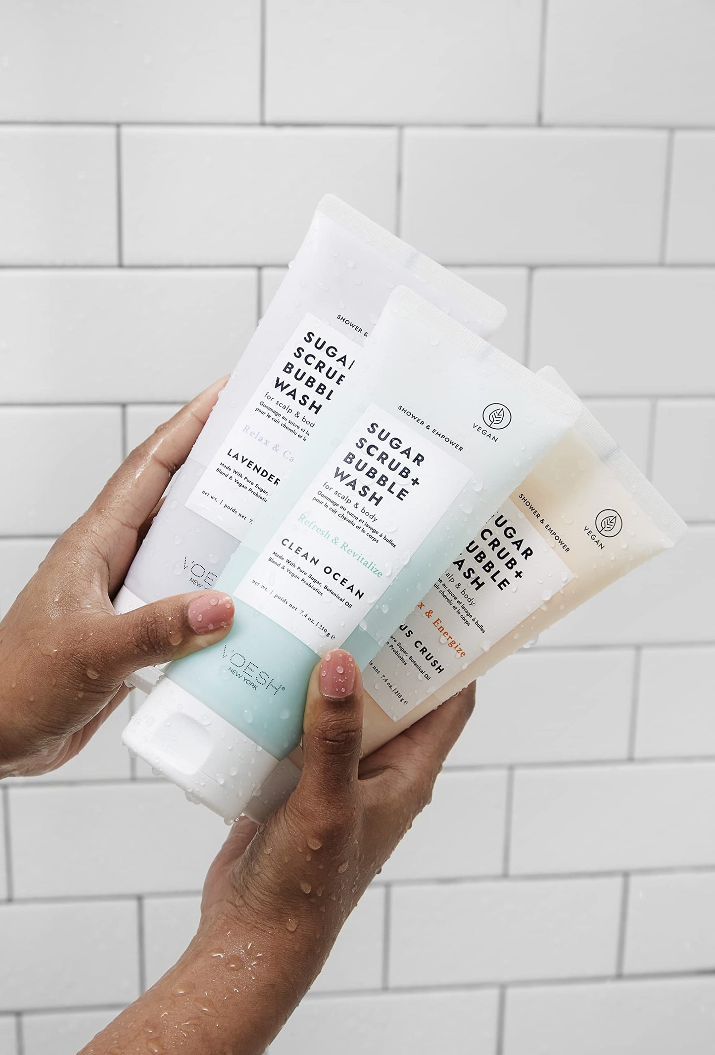 VOESH Sugar Scrub + Bubble Wash, Exfoliating Body Wash, Clean Ocean 2 Pack, Scalp Exfoliator, Scalp Care, Vegan Skin Care