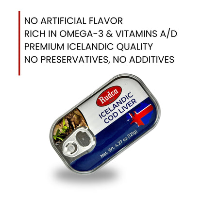Rudca Food Icelandic Cod Liver - Wild-Caught in Own Oil - 4.27 oz (121g) (Pack of 3)