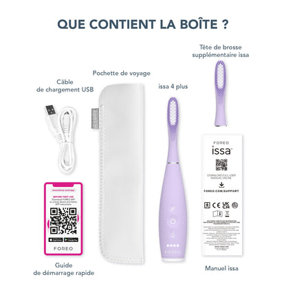 FOREO ISSA 4 Plus Sonic Electric Toothbrush - 4-in-1 AI-Guided Rechargeable Toothbrush Bundle with Extra Silicone & Polymer Hybrid Brush Head, Soft Bristles, Whitening Teeth - Lavander