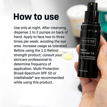 Revision Skincare Retinol Complete, brighten and smooth skin's texture, boosts skin's hydration level to combat the dryness with Retinol, reduce fine lines and wrinkles, 1 fl oz