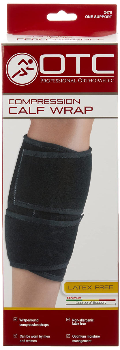OTC Compression Calf Wrap, Adjustable Shin Splint with Wrap-Around Straps, Lower Leg Brace for Muscle Swelling, Circulation and Injury, Black, Universal