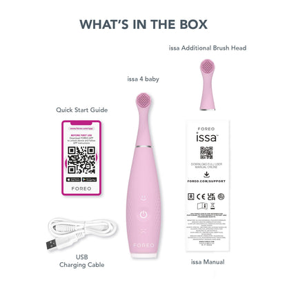 FOREO ISSA 4 Baby – Silicone Sonic Electric Toothbrush Bundle for Babies, 2-Sided Bristles, Fun Smile Feature, Gum Massage, 12 Months of Care with Extra Brush Head, Travel-Friendly - Pearl Pink
