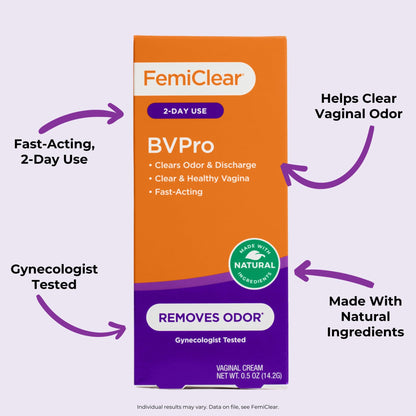 FemiClear BVPro Cream for Vaginal Odor, Feminine Odor Relief, Fast-Acting, Made with Natural Ingredients, 2-Day Use, Gynecologist Tested, Boric Acid Alternative, 0.5oz Cream