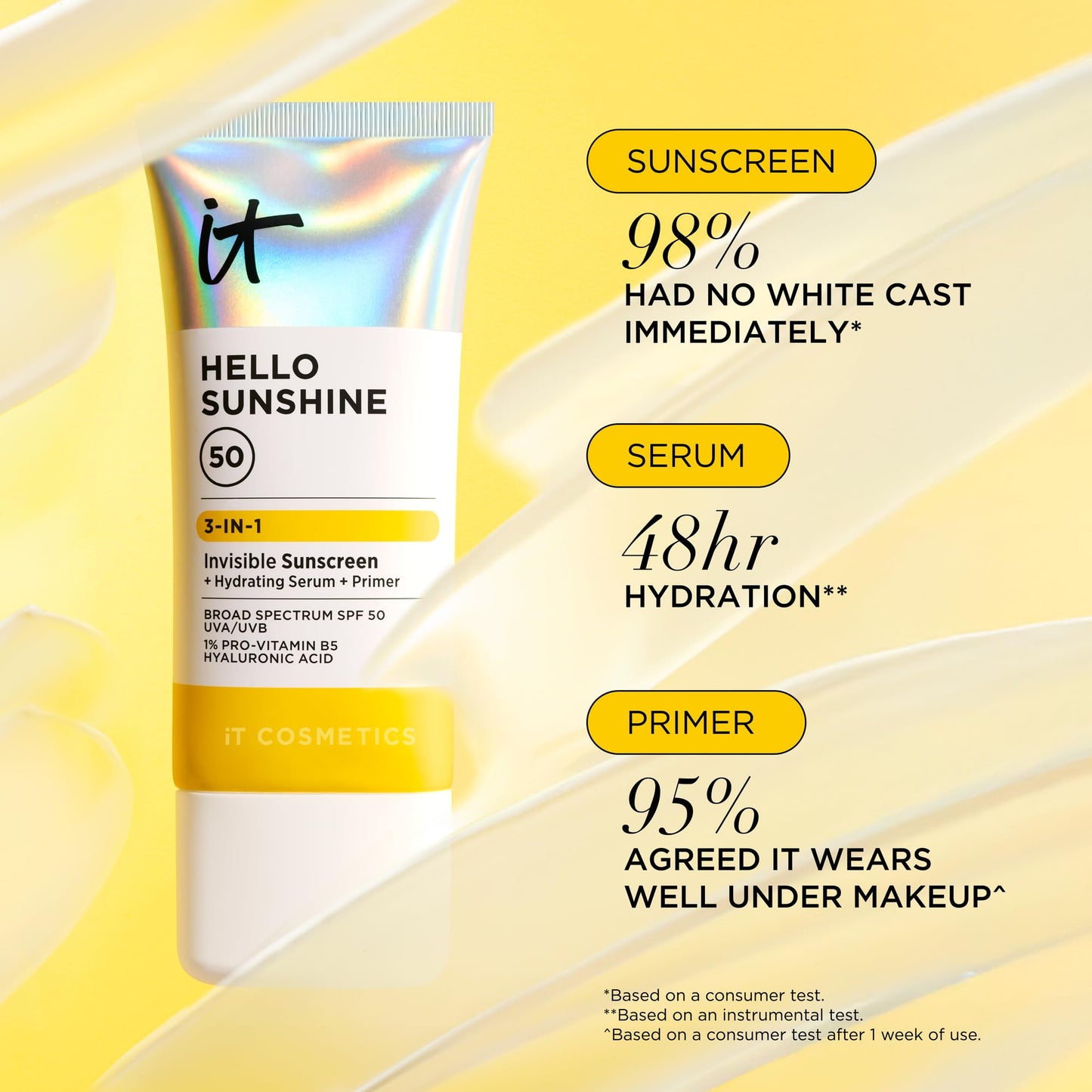 IT Cosmetics Hello Sunshine Invisible Sunscreen for Face SPF 50 - Sunscreen, Hydrating Serum & Makeup Primer - 1% Pro-Vitamin B5 & Hyaluronic Acid - HSA/FSA Eligible - No White Cast