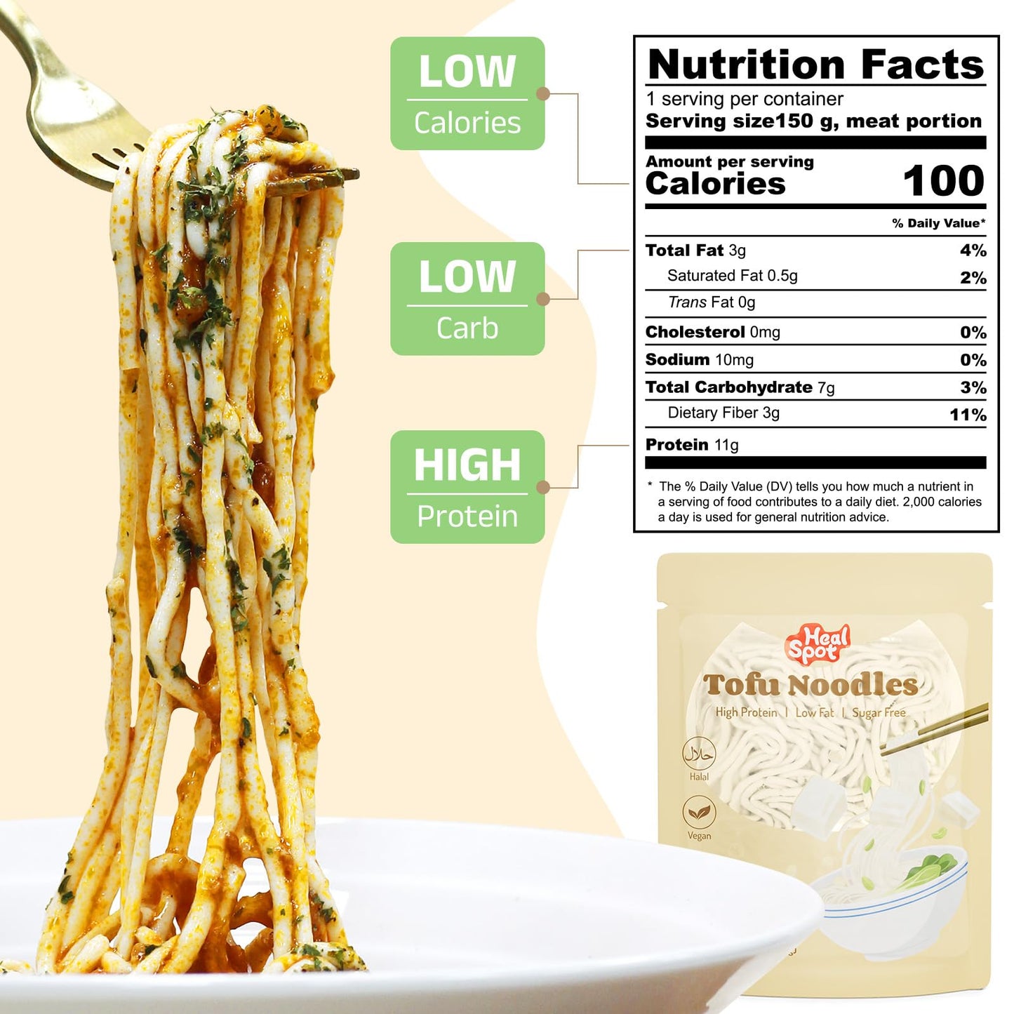 HealSpot Tofu Noodles, High protein ramen, Sugar free Pasta, Low Carb, Low Fat, Non GMO, Keto and Plant Based Friendly Instant Ramen, Ready to Eat Meals, Made with Pure Soy Milk(6 packs)