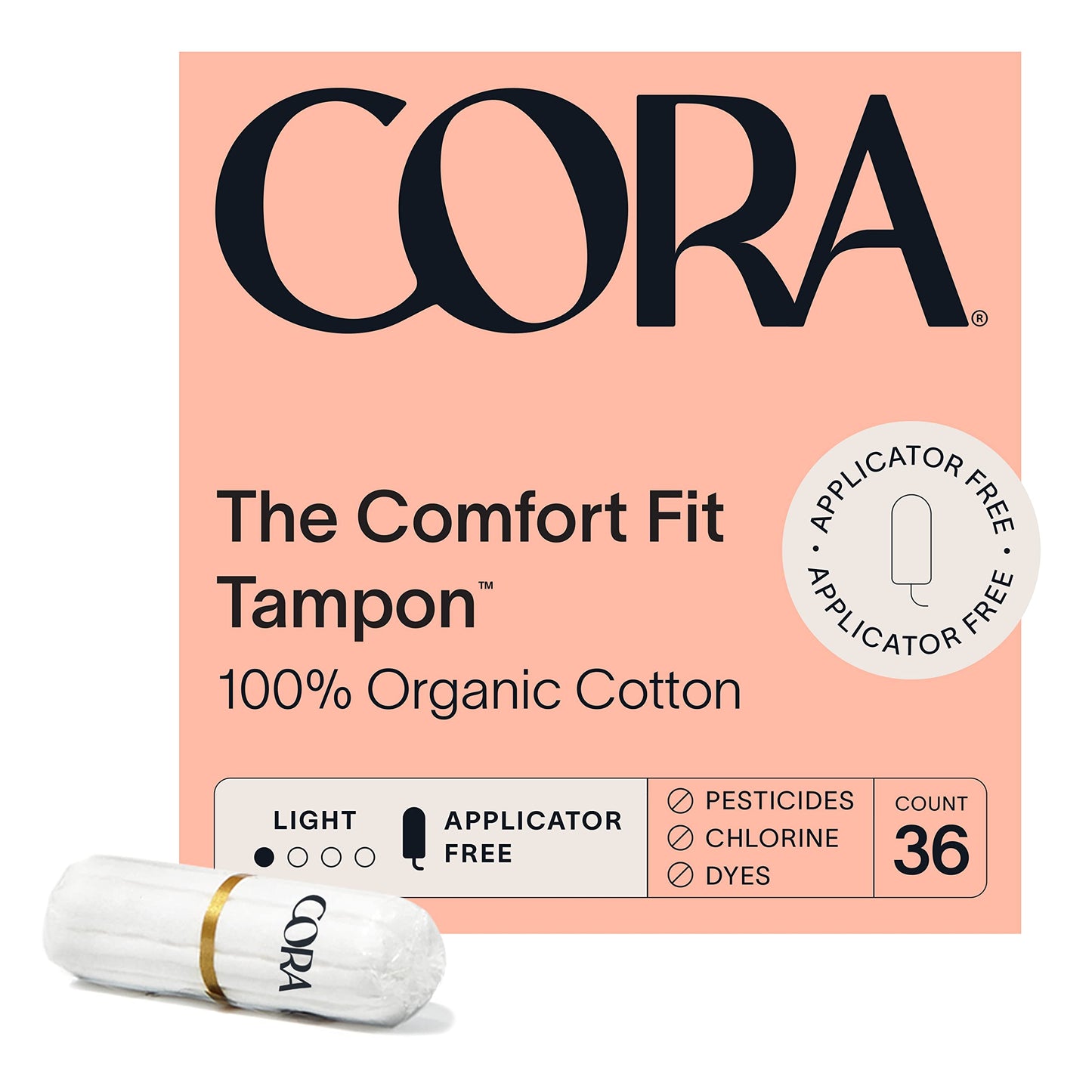 Cora Organic Cotton Non-Applicator Tampons | Ultra-Absorbent, Unscented, Natural, Non-Toxic | Eco-Conscious (36 Light & L/R Tampons)
