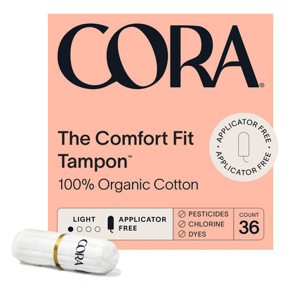 Cora Organic Cotton Non-Applicator Tampons | Ultra-Absorbent, Unscented, Natural, Non-Toxic | Eco-Conscious (36 Light & L/R Tampons)
