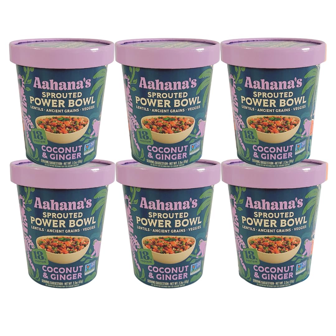 Aahana’s Coconut & Ginger Sprouted Power Bowl - Gluten-Free Plant-Based Instant Meal with Sprouted Lentils and Grains - 18g Protein, 14g Fiber, Vegan, Non-GMO, Kosher - Ready in 5 Minutes (6 Pack)