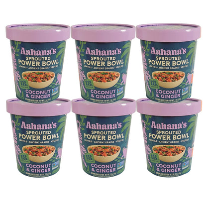 Aahana’s Coconut & Ginger Sprouted Power Bowl - Gluten-Free Plant-Based Instant Meal with Sprouted Lentils and Grains - 18g Protein, 14g Fiber, Vegan, Non-GMO, Kosher - Ready in 5 Minutes (6 Pack)