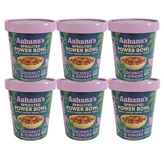 Aahana’s Coconut & Ginger Sprouted Power Bowl - Gluten-Free Plant-Based Instant Meal with Sprouted Lentils and Grains - 18g Protein, 14g Fiber, Vegan, Non-GMO, Kosher - Ready in 5 Minutes (6 Pack)