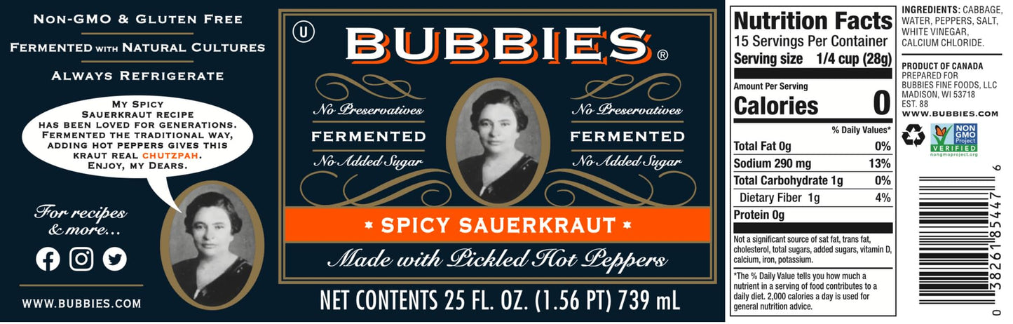 Bubbies Spicy Sauerkraut, 25 fl oz – Pack of 2 – Naturally Fermented, Probiotic-Rich, Gluten-Free, Bold & Tangy Flavor
