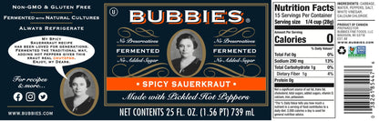 Bubbies Spicy Sauerkraut, 25 fl oz – Pack of 2 – Naturally Fermented, Probiotic-Rich, Gluten-Free, Bold & Tangy Flavor