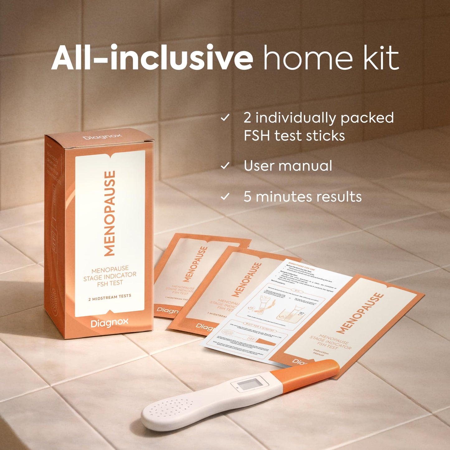 Diagnox Health Menopause Test, At-Home FSH Test Strips to Identify Menopause Stages - Fast 5-Minute Results, Clinical-Grade Midstream Strips (2 Pack)