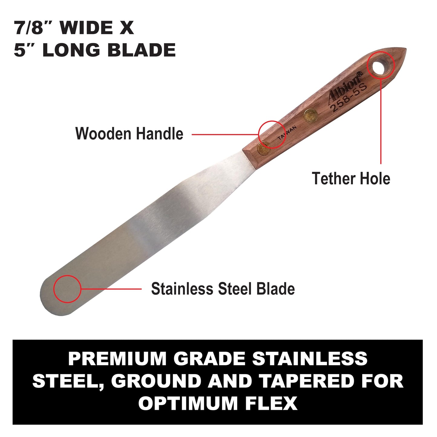 Albion Engineering Company 258-5S Classic Spatula, Stainless Steel, Hardwood Handle, 7/8" Wide Tip x 5" Long Blade