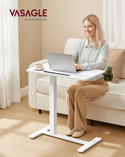 VASAGLE Overbed Table with Wheels, Mobile Standing Computer Desk, 27.6 x 15.7 Inches Tabletop, Adjustable Height, 2 Cup Holders, Phone and Tablet Slot, Cloud White ULSD600W01