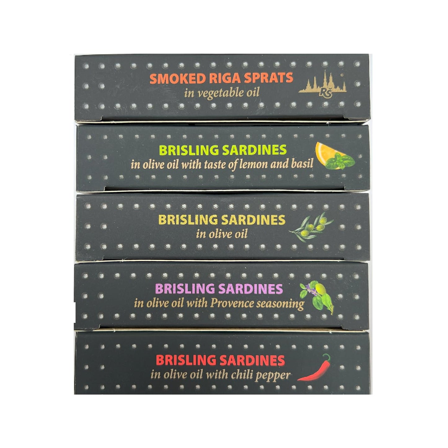 Grilled Catch - Canned Sardines Variety Pack 5 Flavor Sampler European Wild Caught Brisling Sardines in Olive Oil, 4.2 oz Sustainable seafood, Kosher, Hand Packed in Latvia