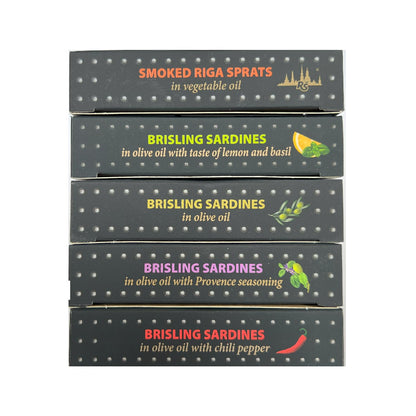 Grilled Catch - Canned Sardines Variety Pack 5 Flavor Sampler European Wild Caught Brisling Sardines in Olive Oil, 4.2 oz Sustainable seafood, Kosher, Hand Packed in Latvia
