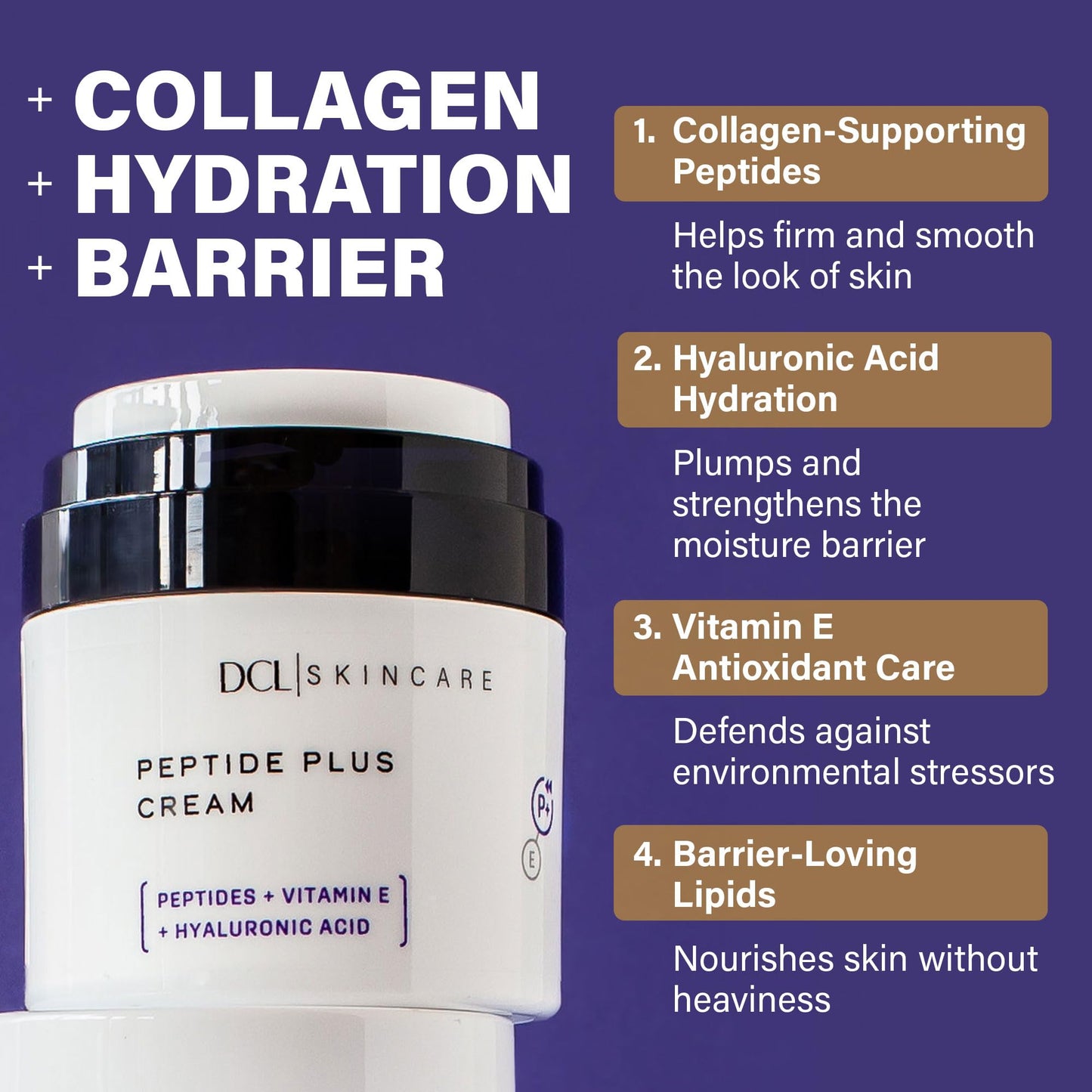 DCL Skincare Peptide Plus Cream with 7 Peptides for Hydration & Skin Barrier Support, 1.7 fl oz