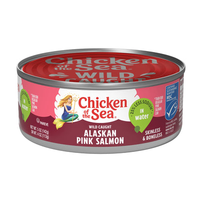 Chicken of the Sea Alaskan Pink Canned Salmon in Water with 25% Less Sodium, 5oz Cans, 4-Count – High Protein Skinless, Boneless Wild Caught Salmon – Delicious Wild Salmon for Burgers, Pasta, More