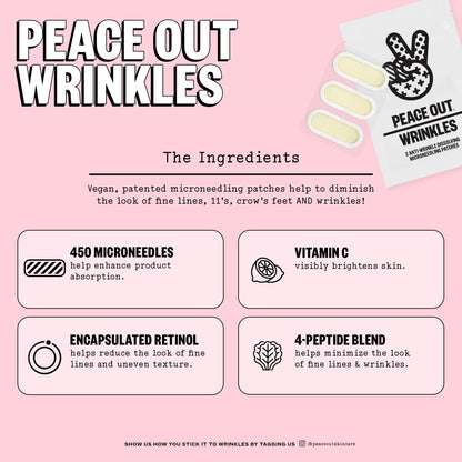 PEACE OUT Microneedling Wrinkle Patches with Retinol, Peptides, Vitamin C, Helps Smooth Fine Lines, Improve Deep Wrinkles and Firm Skin, 6 Patches