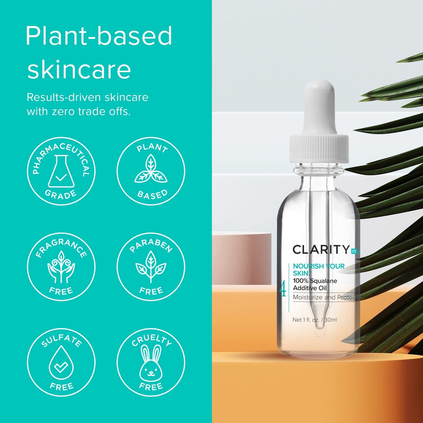 ClarityRx Nourish Your Skin 100% Squalane Oil for Face, Natural Plant-Based Moisturizing Facial Serum with Antioxidants for Dry Skin