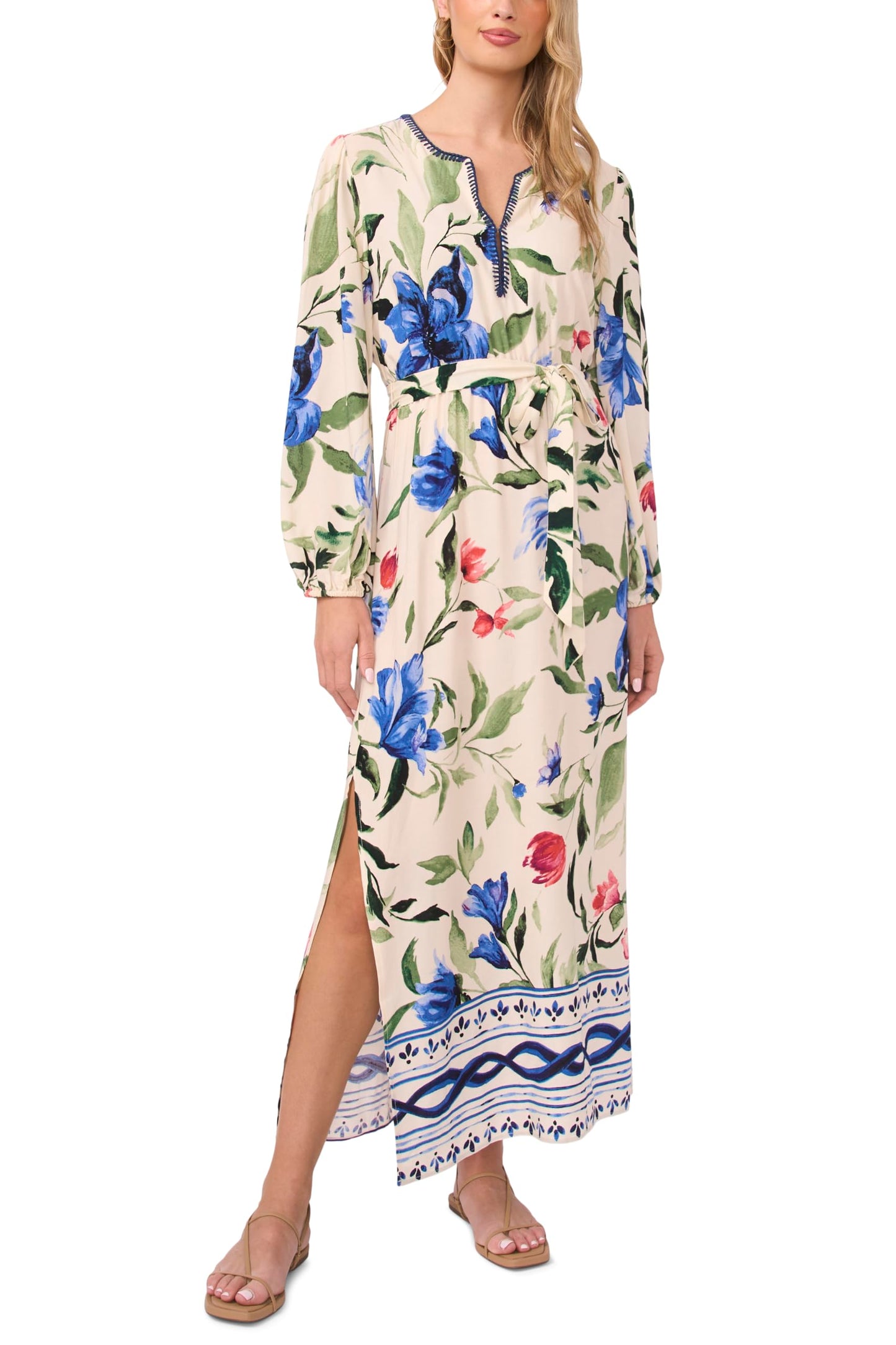 Vince Camuto Women's Double Side Slit V-Neck Long Sleeve Maxi Dress