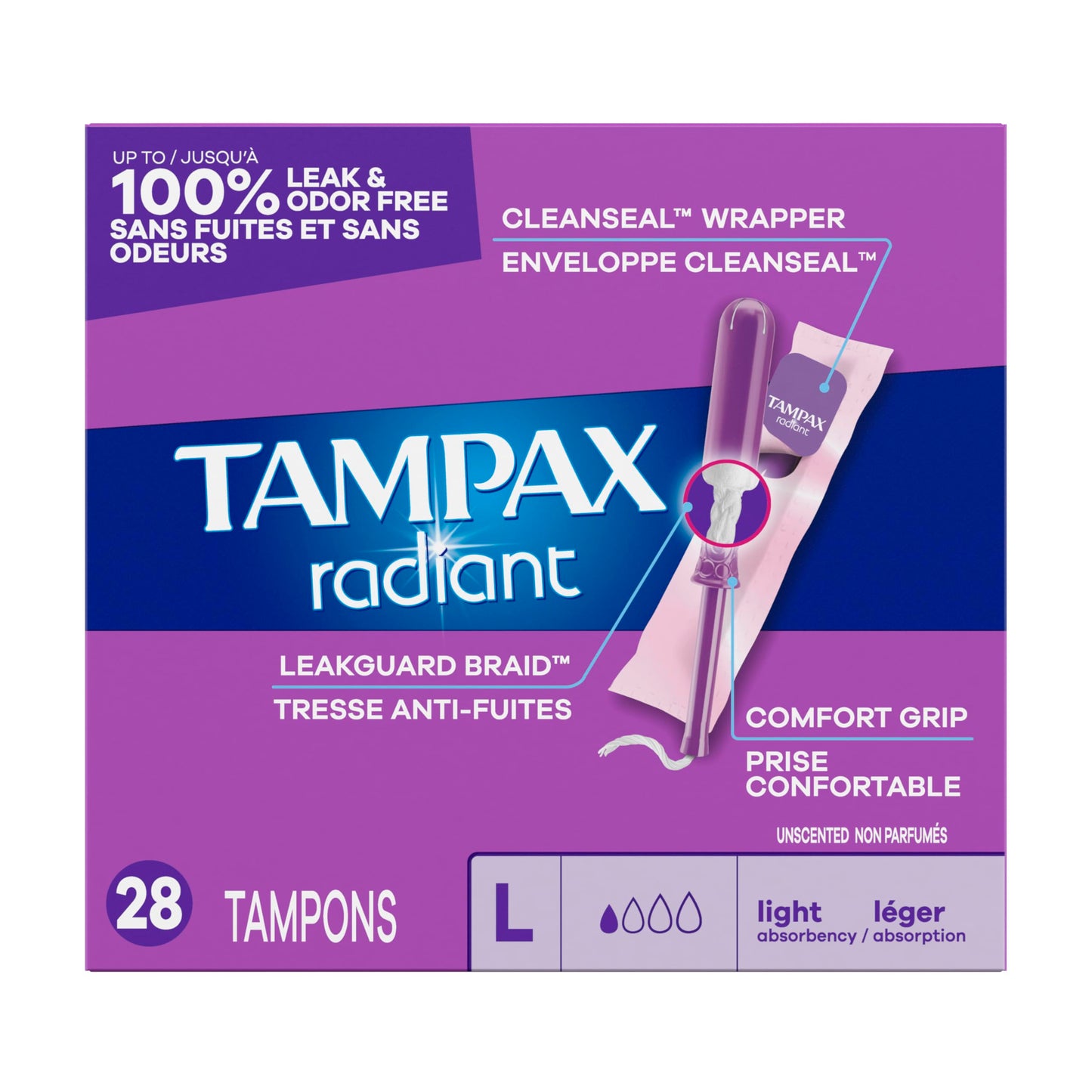 Tampax Radiant Tampons Light Absorbency with BPA-Free Plastic Applicator and LeakGuard Braid, Unscented, 28 Count