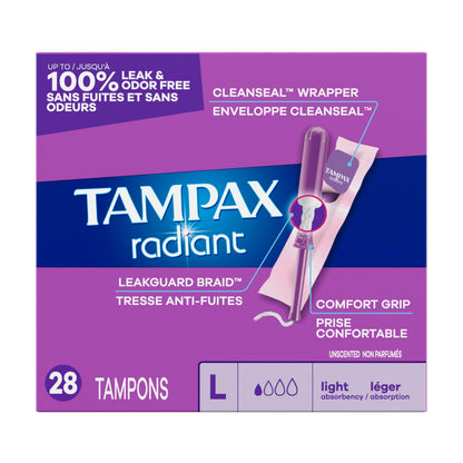 Tampax Radiant Tampons Light Absorbency with BPA-Free Plastic Applicator and LeakGuard Braid, Unscented, 28 Count