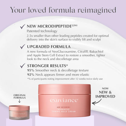 EXUVIANCE AGE REVERSE+ Toning and Firming Neck Cream, Tightens Fine Lines and Wrinkles, Evens Tone, Anti-Aging Décolletage Moisturizer with Advanced Peptide Formula, Bakuchiol, Vitamin E, 4.4 oz