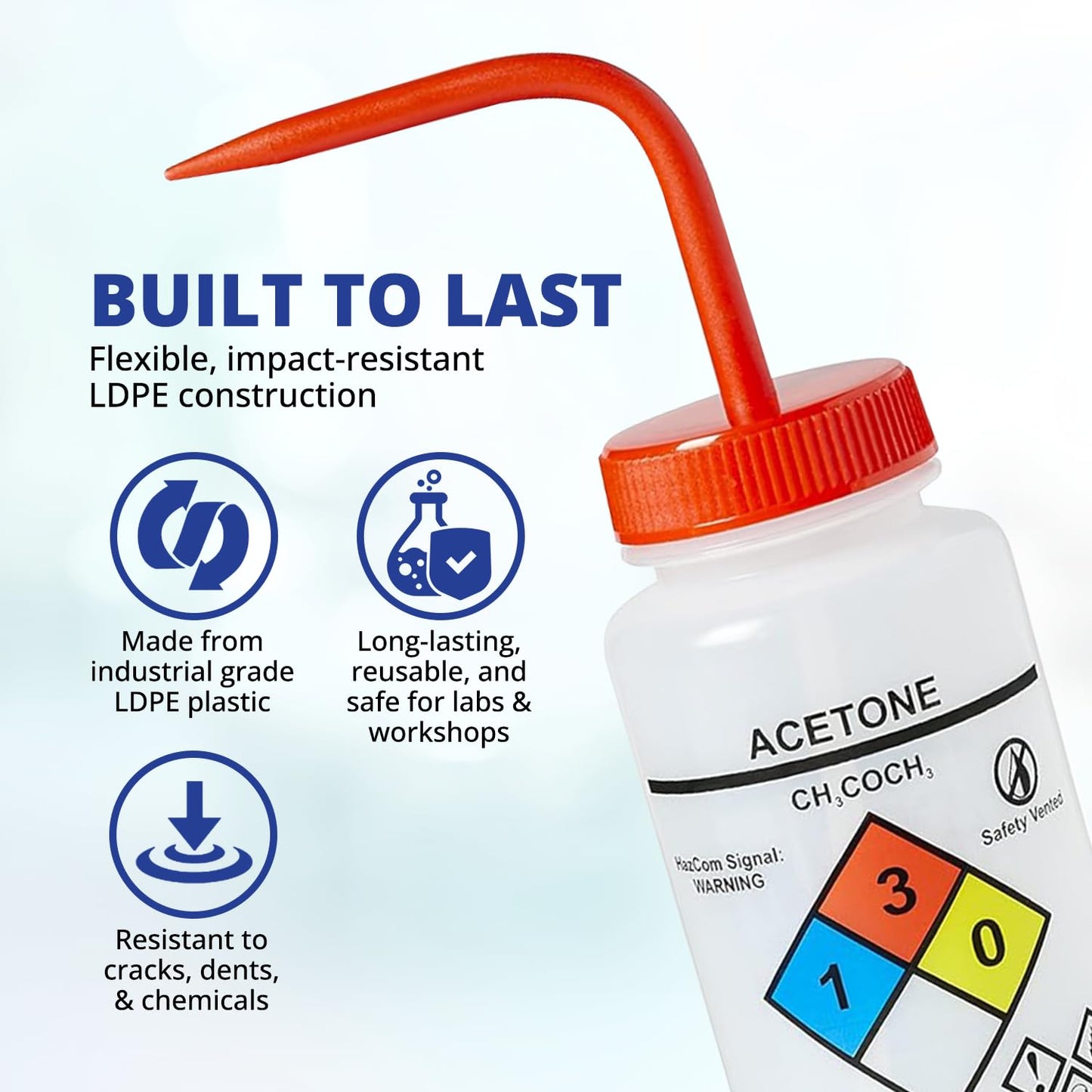 United Scientific™ UniSafe™ Acetone Squeeze Bottle, Wide Mouth Wash Bottles 500mL (16oz), Pack of 6 – Pre-Labeled LDPE Chemical Wash Bottle w/Red Color-Coded Cap, Self-Venting Leak-Proof Lab Bottles