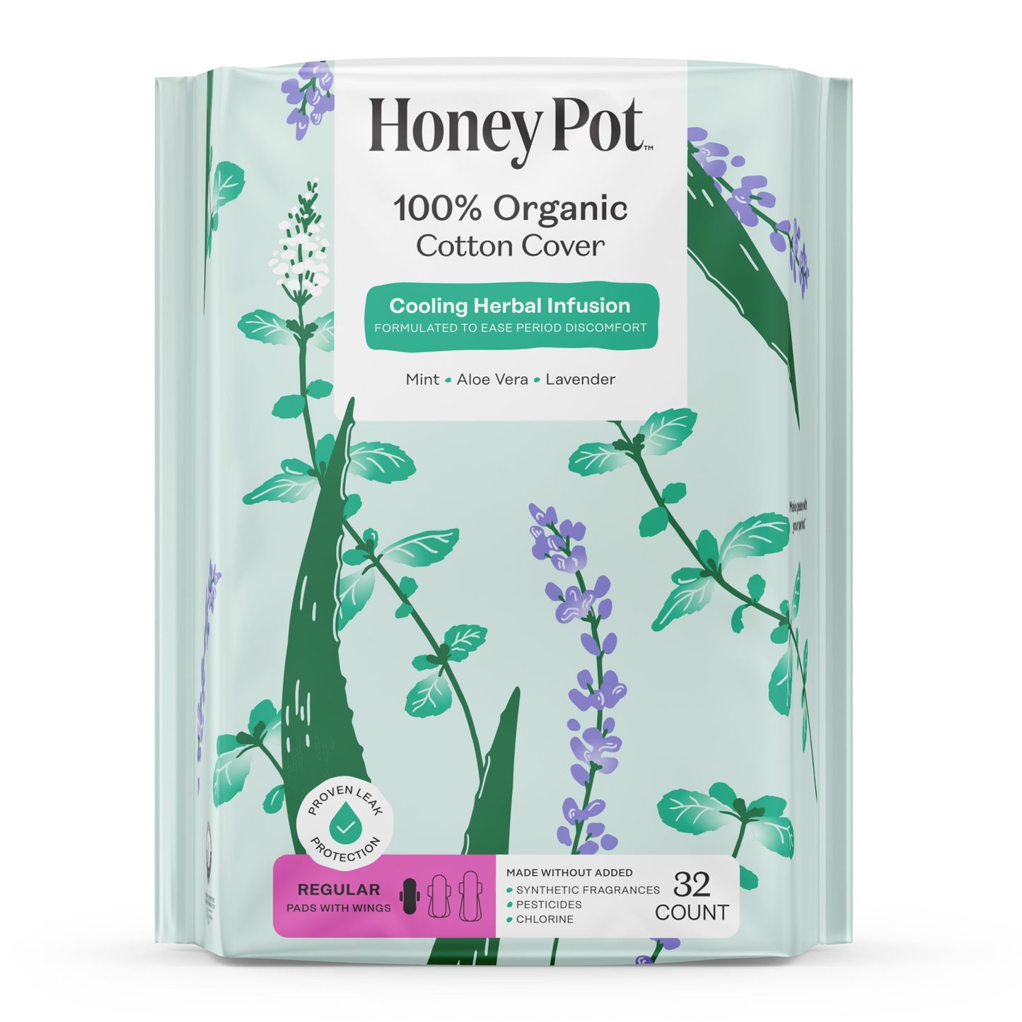 Honey Pot - Herbal Sanitary Pads for Women - Regular Flow w/Wings - Infused w/Essential Oils for Cooling Effect & Organic Cotton Cover – Medium Pack - Feminine Care - 32 ct