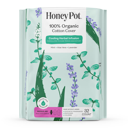 Honey Pot - Herbal Sanitary Pads for Women - Regular Flow w/Wings - Infused w/Essential Oils for Cooling Effect & Organic Cotton Cover – Medium Pack - Feminine Care - 32 ct