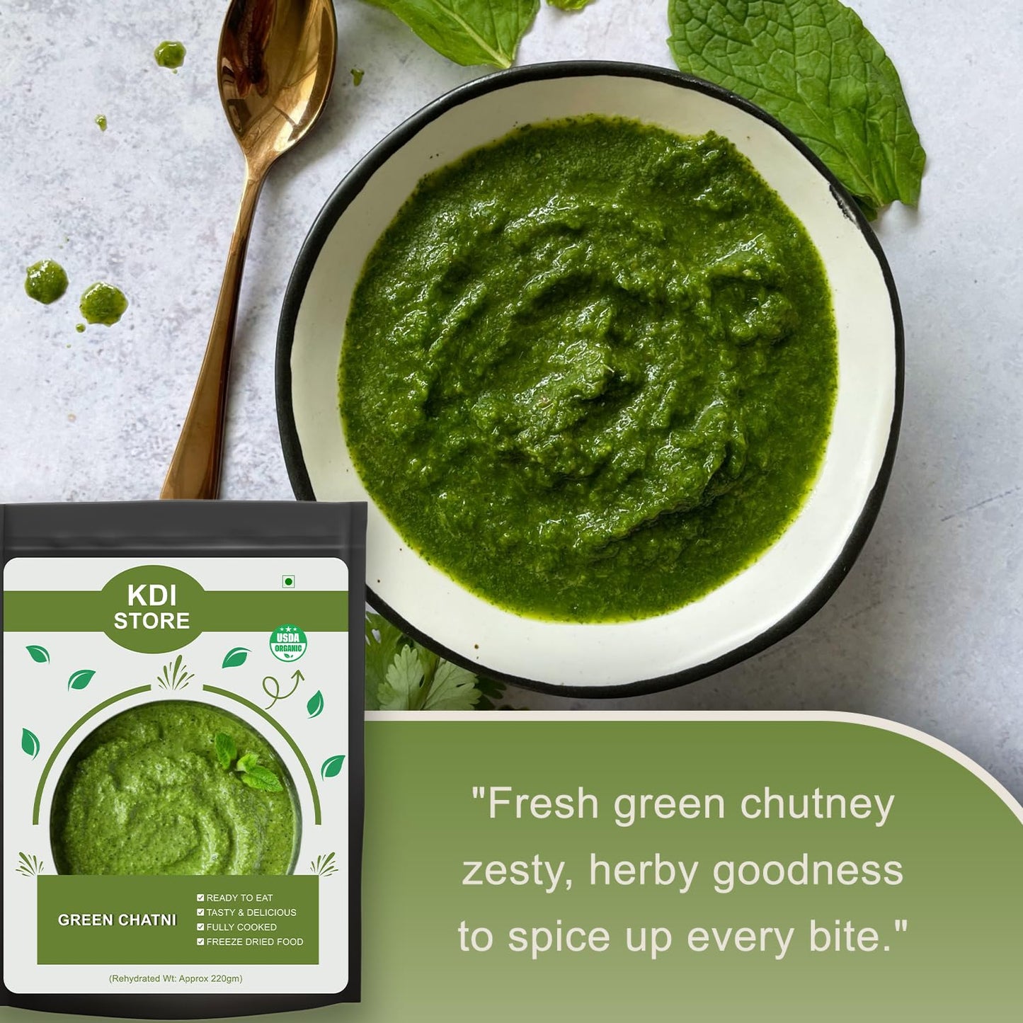 KDI Store Organic Green Chutney, Ready to Eat, Freeze Dried, Fully Cooked Indian Condiment, 30g