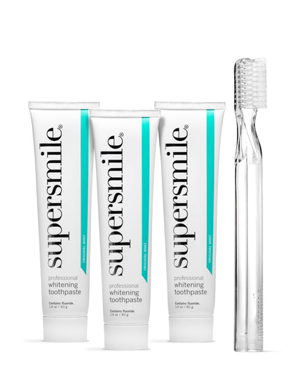 Supersmile Original Mint Toothpaste Trio with Clear New Generation Toothbrush – Professional Whitening with Calprox® – Whitens Up to 6 Shades, 4-Piece Set