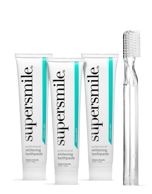 Supersmile Original Mint Toothpaste Trio with Clear New Generation Toothbrush – Professional Whitening with Calprox® – Whitens Up to 6 Shades, 4-Piece Set