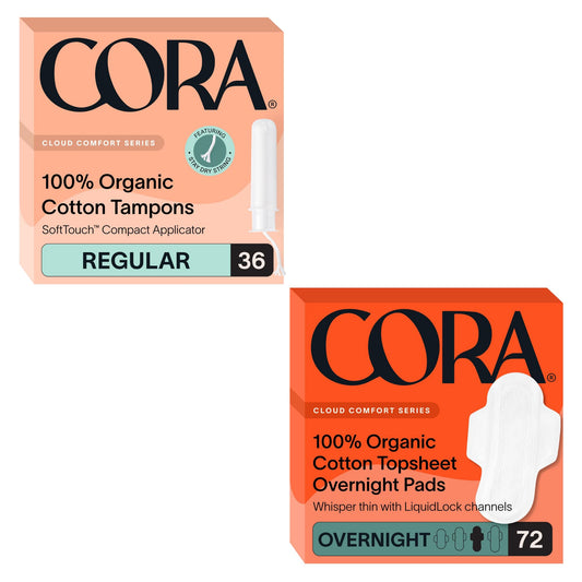 Cora Organic Feminine Care | Applicator Tampon Multipack and Ultra Thin Overnight Pads with Wings | Ultra-Absorbent, Unscented, Natural, Non-Toxic | 36 Tampons, 72 Pads | Bundle Pack
