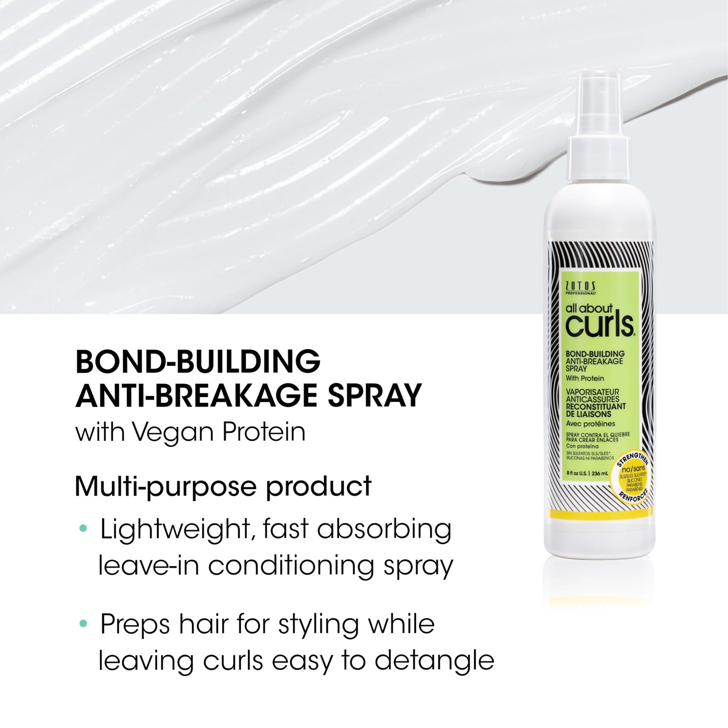 ALL ABOUT CURLS Bond-Building Anti-Breakage Spray, Strengthens & Protects, Vegan & Cruelty Free, Sulfate Free, 8 Fl Oz