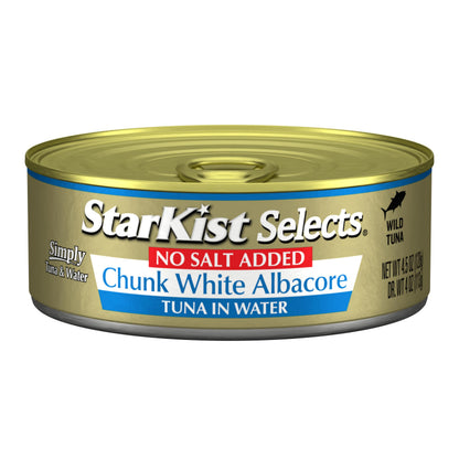StarKist Selects No Salt Added Chunk White Albacore Tuna in Water, 4.5 oz (12 Pack) Canned Tuna Fish, Wild Caught, Gluten Free, Ready to Eat, Perfect for Salads, Keto Meals & Snacks, 30g Protein