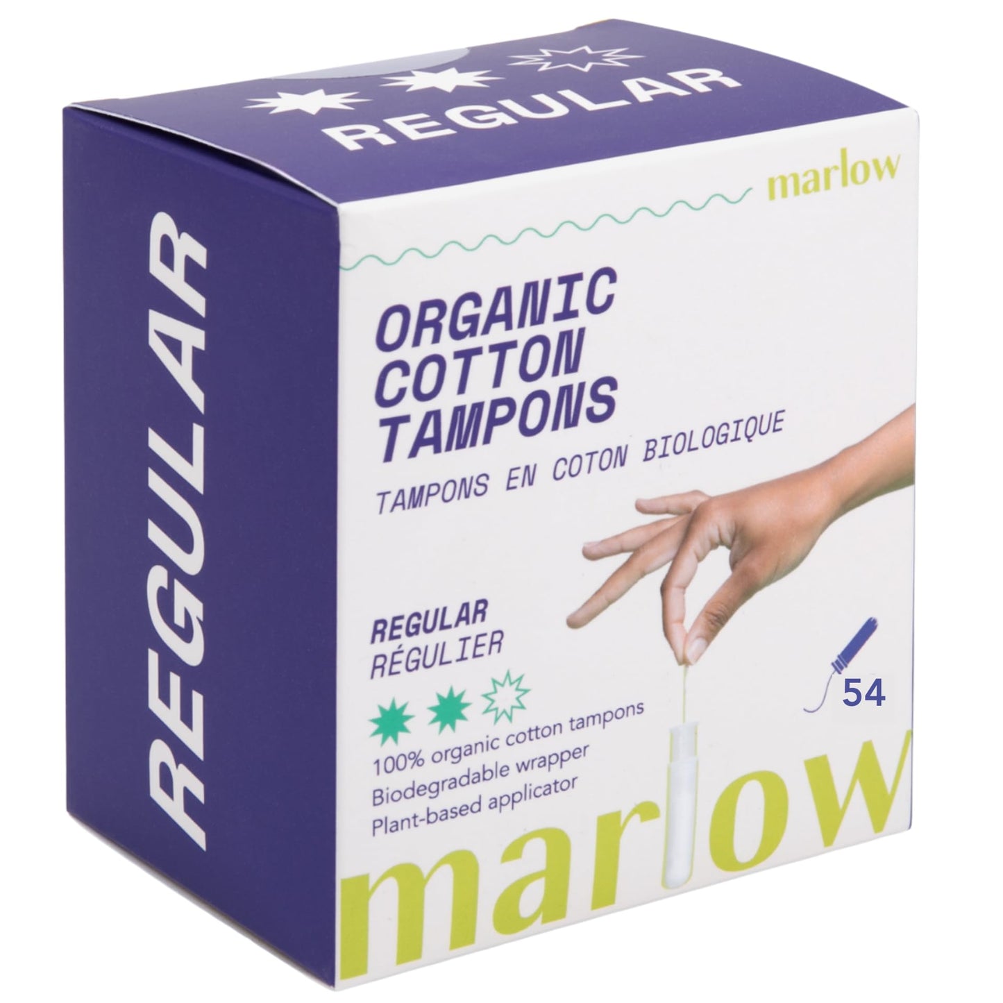 Marlow 100% Organic Cotton Easy Glide Tampons with Compact Plant Based BPA Free Applicator, Chlorine Free, Toxin Free, Hypoallergenic, Dermatologically Tested, Fragrance Free, Regular, 54 Count