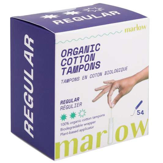 Marlow 100% Organic Cotton Easy Glide Tampons with Compact Plant Based BPA Free Applicator, Chlorine Free, Toxin Free, Hypoallergenic, Dermatologically Tested, Fragrance Free, Regular, 54 Count