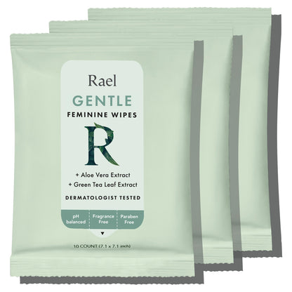 Rael Feminine Wipes, Flushable, Travel Size, All Skin Types, Daily Use (Gentle, 10 Count Pack of 3)