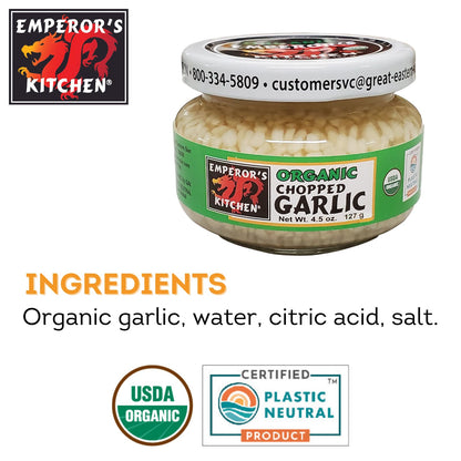 Emperor's Kitchen Organic Chopped Garlic, USDA Certified Organic, Vegan, Ready to Use, 4.5 oz jar